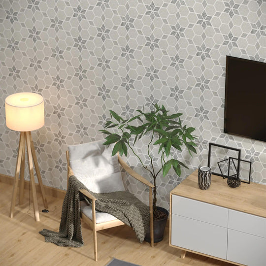 Carrara White - Platinum Grey Tumbled Marble Starline Mosaic Wall & Floor Tile - alternate view