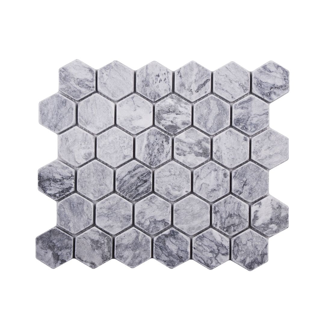 Platinum Grey tumbled marble hexagon mosaic sheet with large silver-grey hexagons