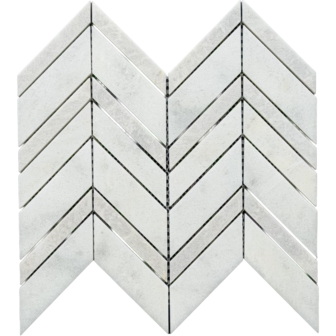 Full mesh-backed sheet of honed Carrara White and grey marble chevron mosaic