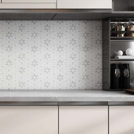 Carrara White - Platinum Grey Tumbled Marble Starline Mosaic Wall & Floor Tile