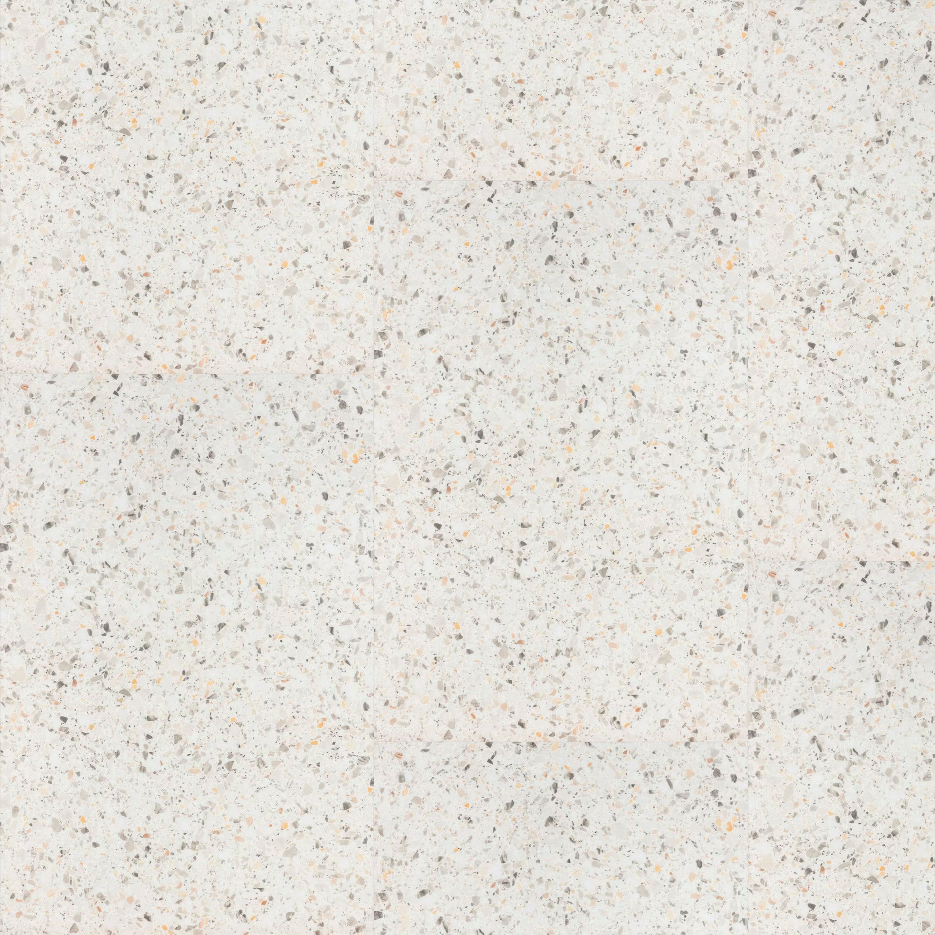White terrazzo big vinyl tiles verona f023 with a speckled pattern of gray black and beige flecks
