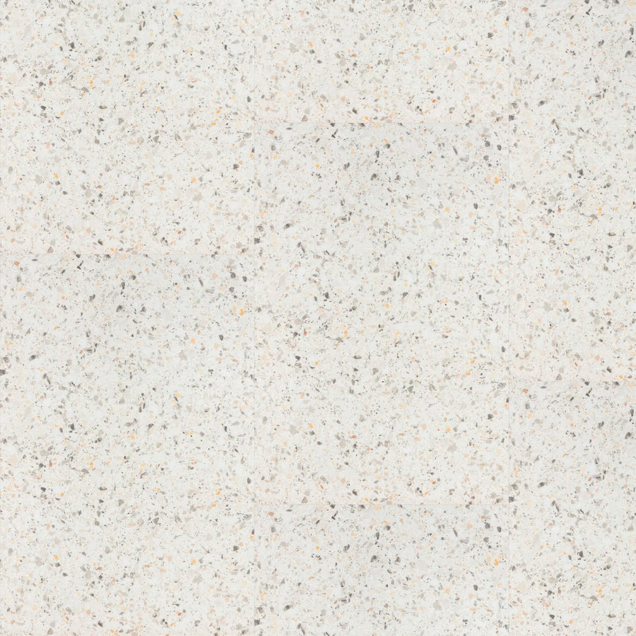 White terrazzo big vinyl tiles verona f023 with a speckled pattern of gray black and beige flecks