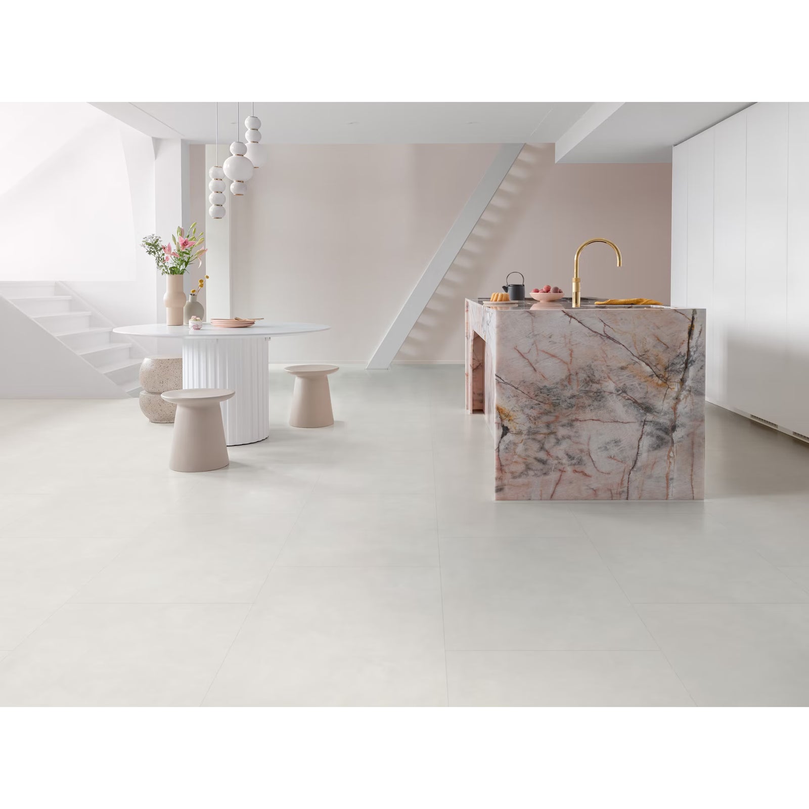 Coquille fo29 big vinyl tiles featuring a kitchen island with pink and gray marble countertop with swirling veining