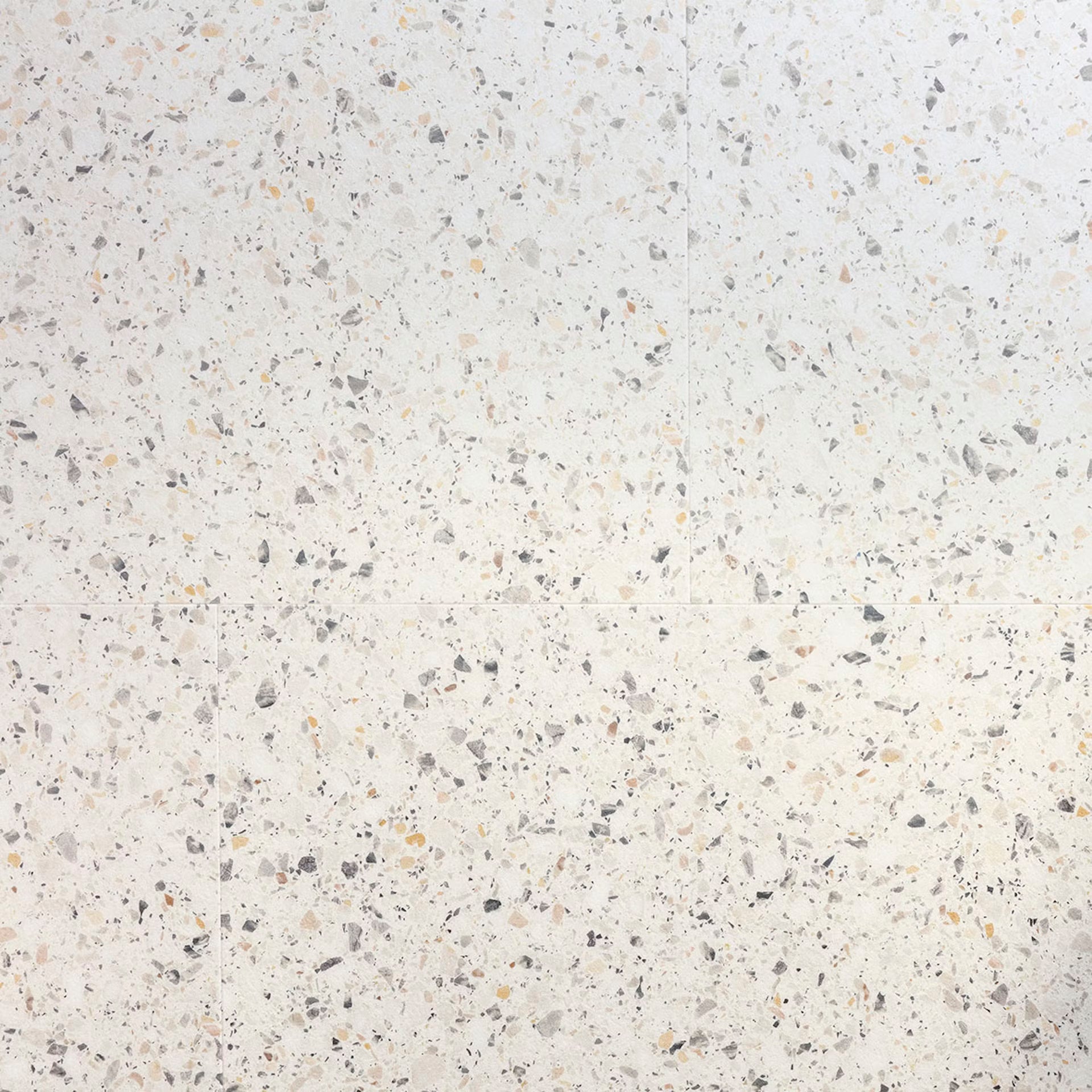 White Verona F023 terrazzo big vinyl tile with speckled gray black and beige fragments pattern on surface