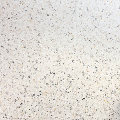 White Verona F023 terrazzo big vinyl tile with speckled gray black and beige fragments pattern on surface