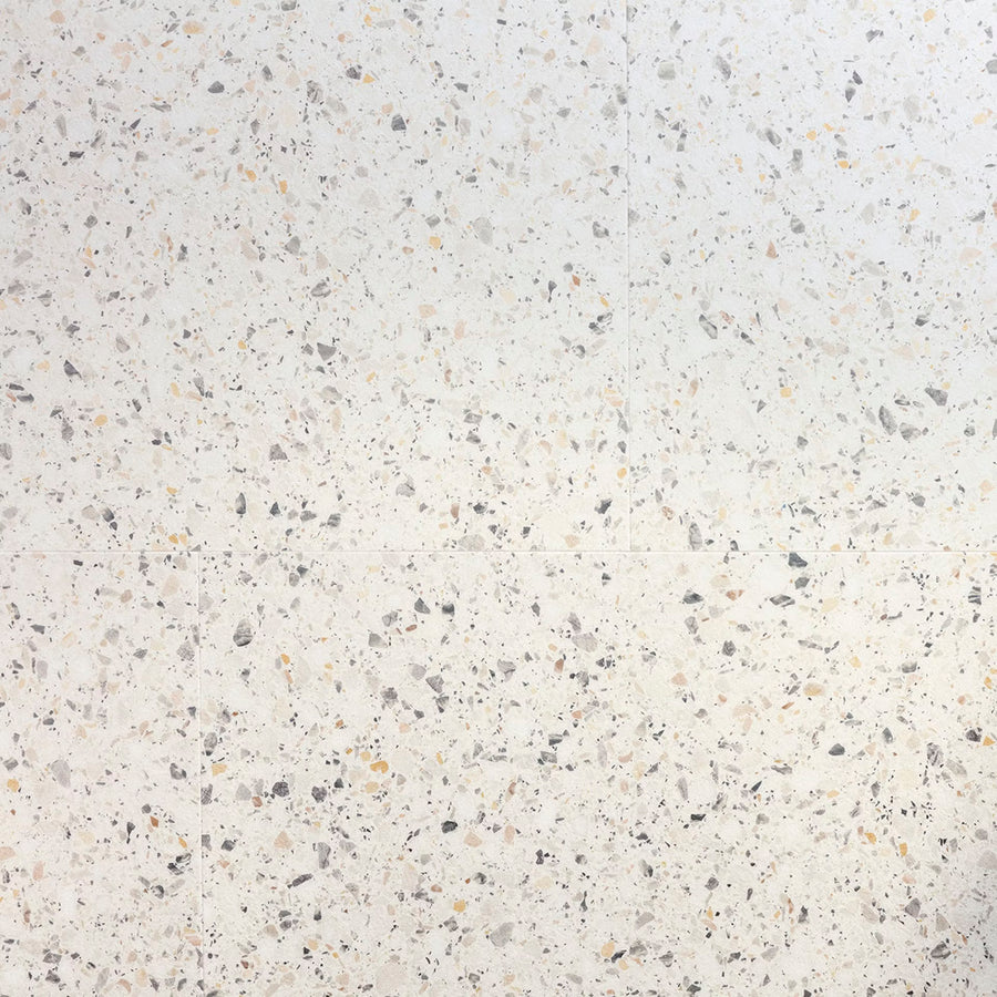 White Verona F023 terrazzo big vinyl tile with speckled gray black and beige fragments pattern on surface