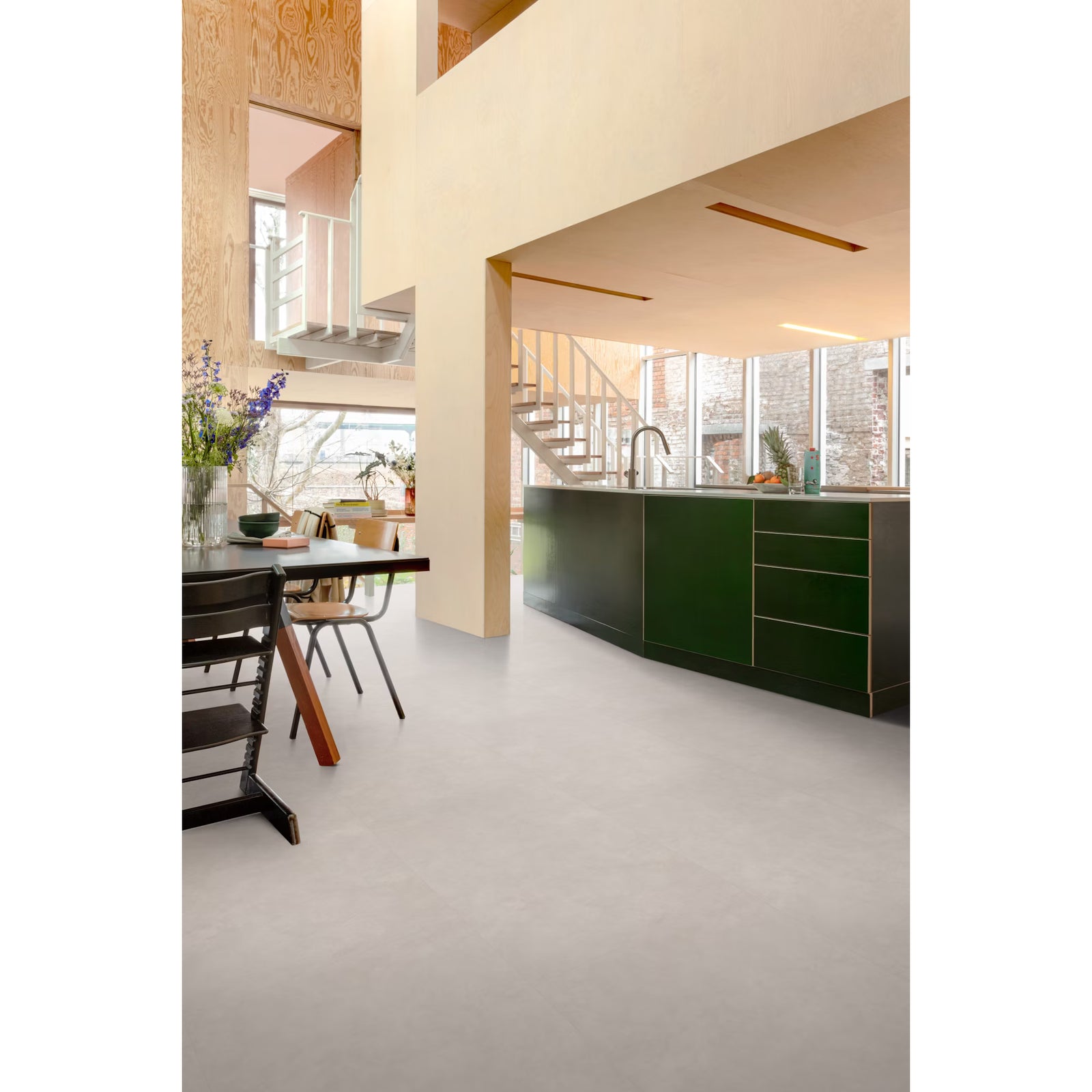 Modern minimalist kitchen with sleek green cabinetry and matte white pebble beach f030 big vinyl floor tiles