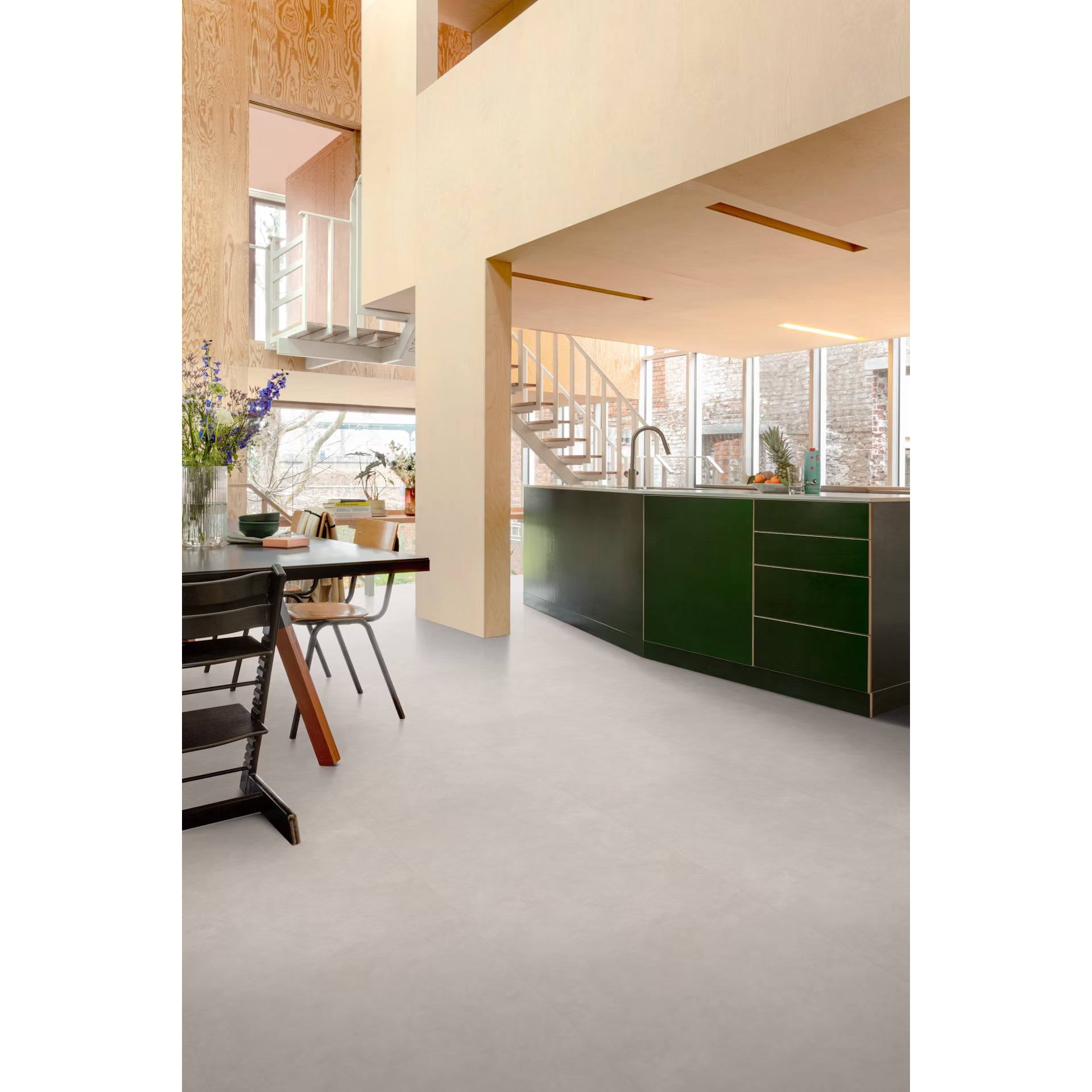 Modern minimalist kitchen with sleek green cabinetry and matte white pebble beach f030 big vinyl floor tiles