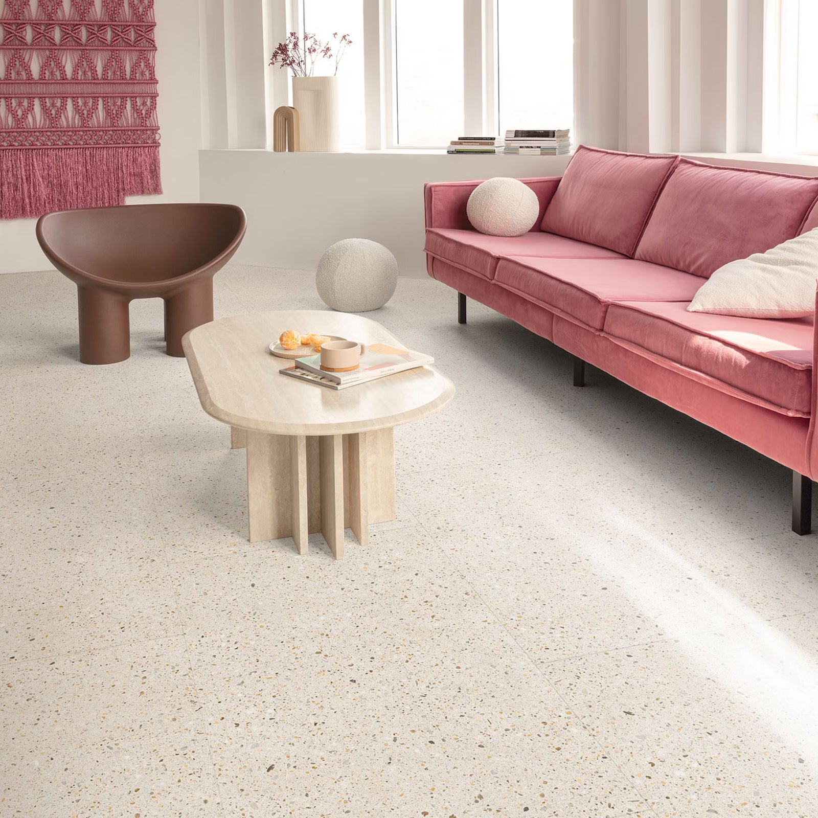 Piccolo F032 Terrazzo Big Vinyl Tiles beige terrazzo vinyl flooring in a minimalist living room