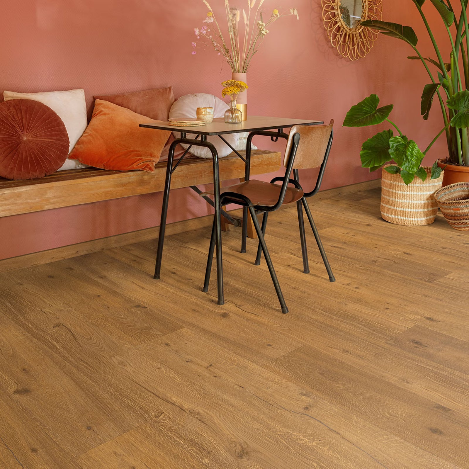 Warm-toned wooden floor planks with natural grain pattern in eivissa f033 long vinyl planks product