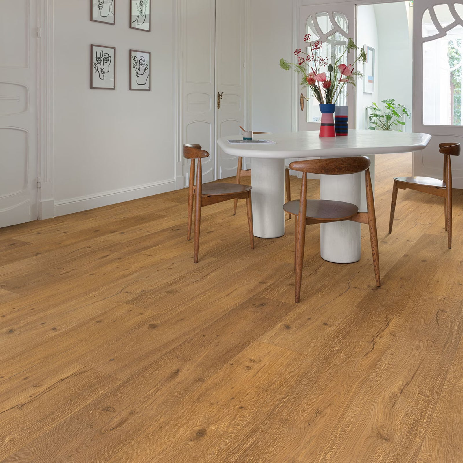 Eivissa F033 long vinyl planks with warm natural-toned wooden floor look smooth finish and visible grain patterns