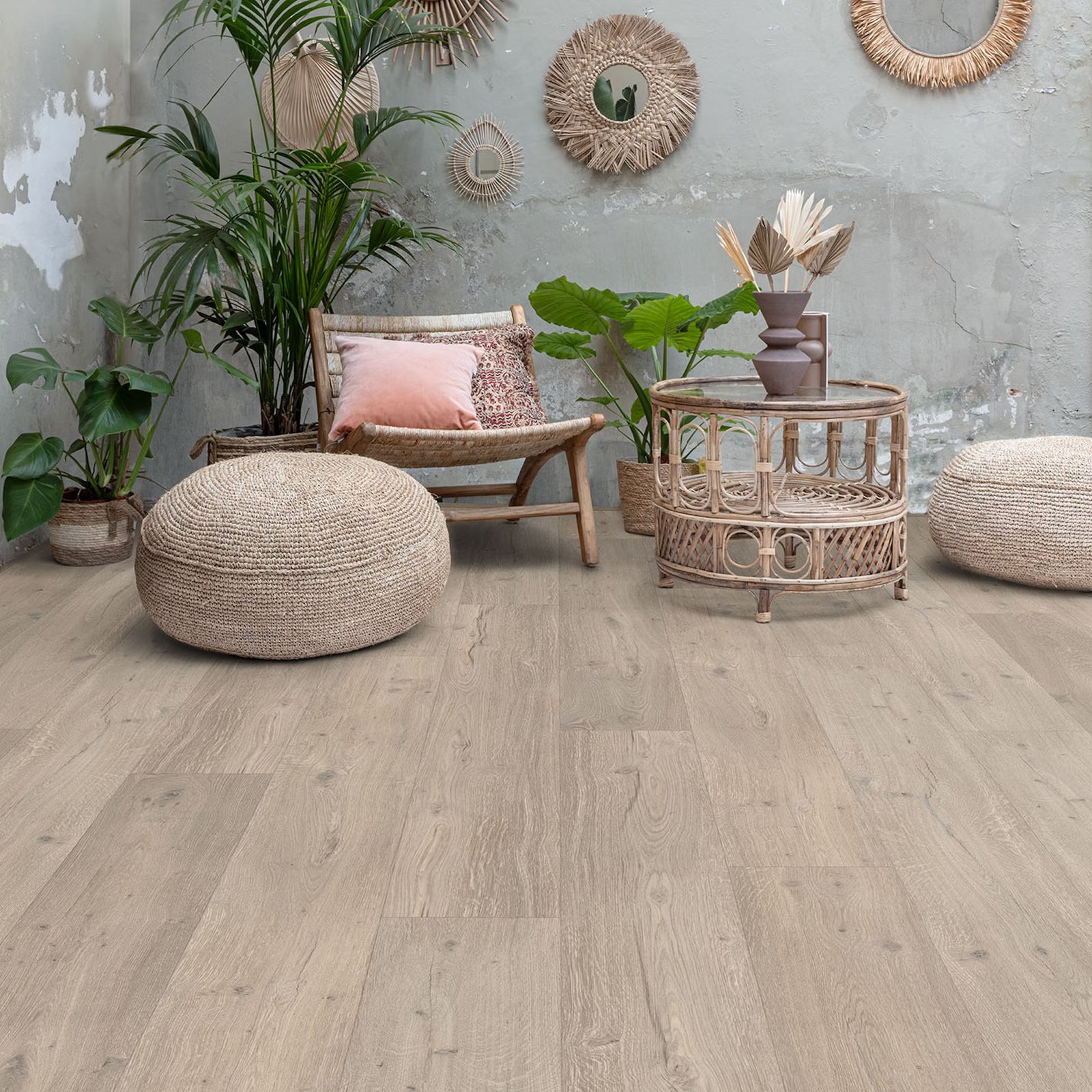 Light gray wood-look laminate flooring with natural grain texture in goose f036 long vinyl planks style