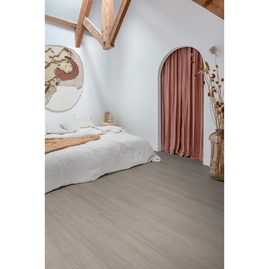 Light gray wood-effect vinyl planks Bunny F059 featuring durable laminate flooring for modern interiors