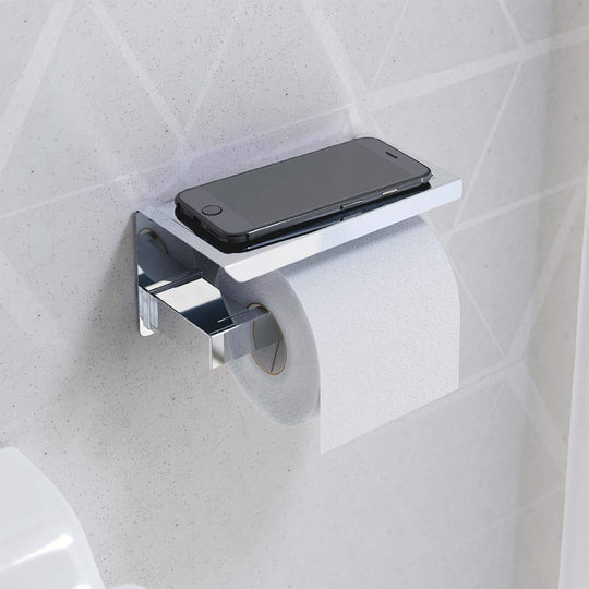 S Cube Toilet Roll Holder with Shelf in Chrome - Origins Living