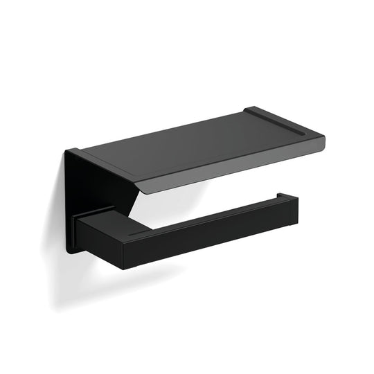 S Cube Toilet Roll Holder with Shelf in Black - Origins Living