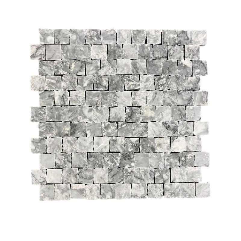 Full mesh-backed sheet of honed Platinum Grey marble rustic edge square mosaic