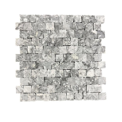 Full mesh-backed sheet of honed Platinum Grey marble rustic edge square mosaic