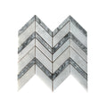 Sheet of Carrara White honed marble chevron mosaic showing mitred batons meeting point to point