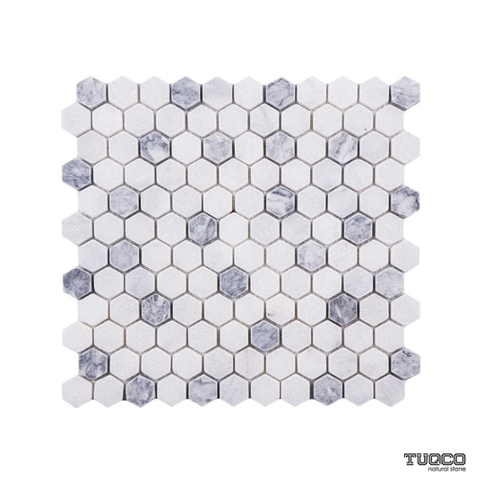 Carrara White - Platinum Grey Tumbled Marble 23mm Hexagon Mosaic Wall & Floor Tile