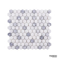 Carrara white and Platinum Grey tumbled marble hexagon mosaic sheet showing the two-tone mix