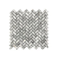 Full mesh-backed sheet of Platinum Grey honed marble herringbone mosaic showing the interlocking grey batons