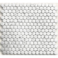 White marble mosaic tile with round glossy pieces in a grid pattern from Ritz Statuario round mosaic collection