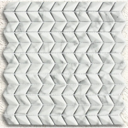 White marble mosaic tile featuring a diamond chevron pattern in ritz carrara for stylish wall or floor decor