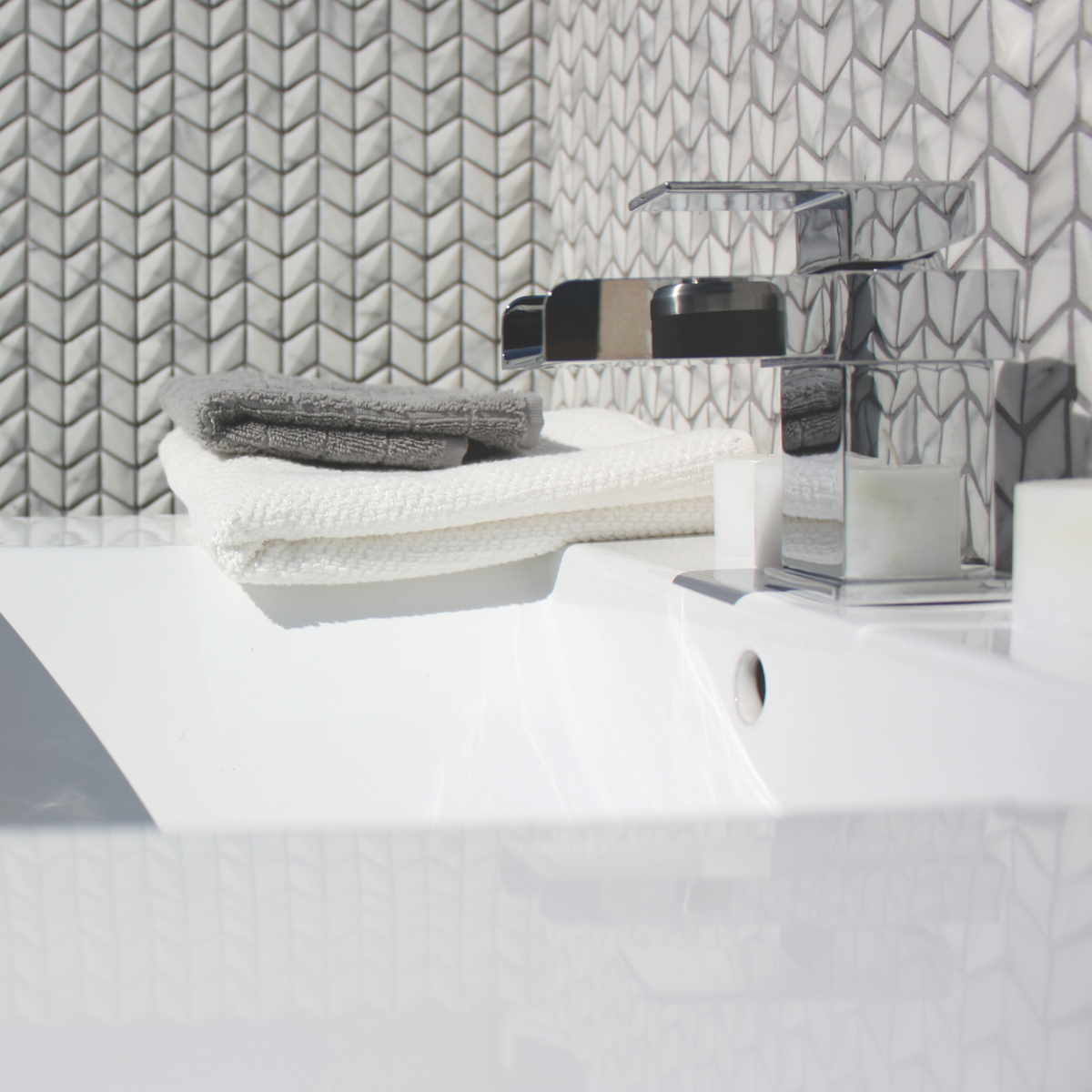 Ritz Carrara Diamond Chevron Mosaic used as a backsplash