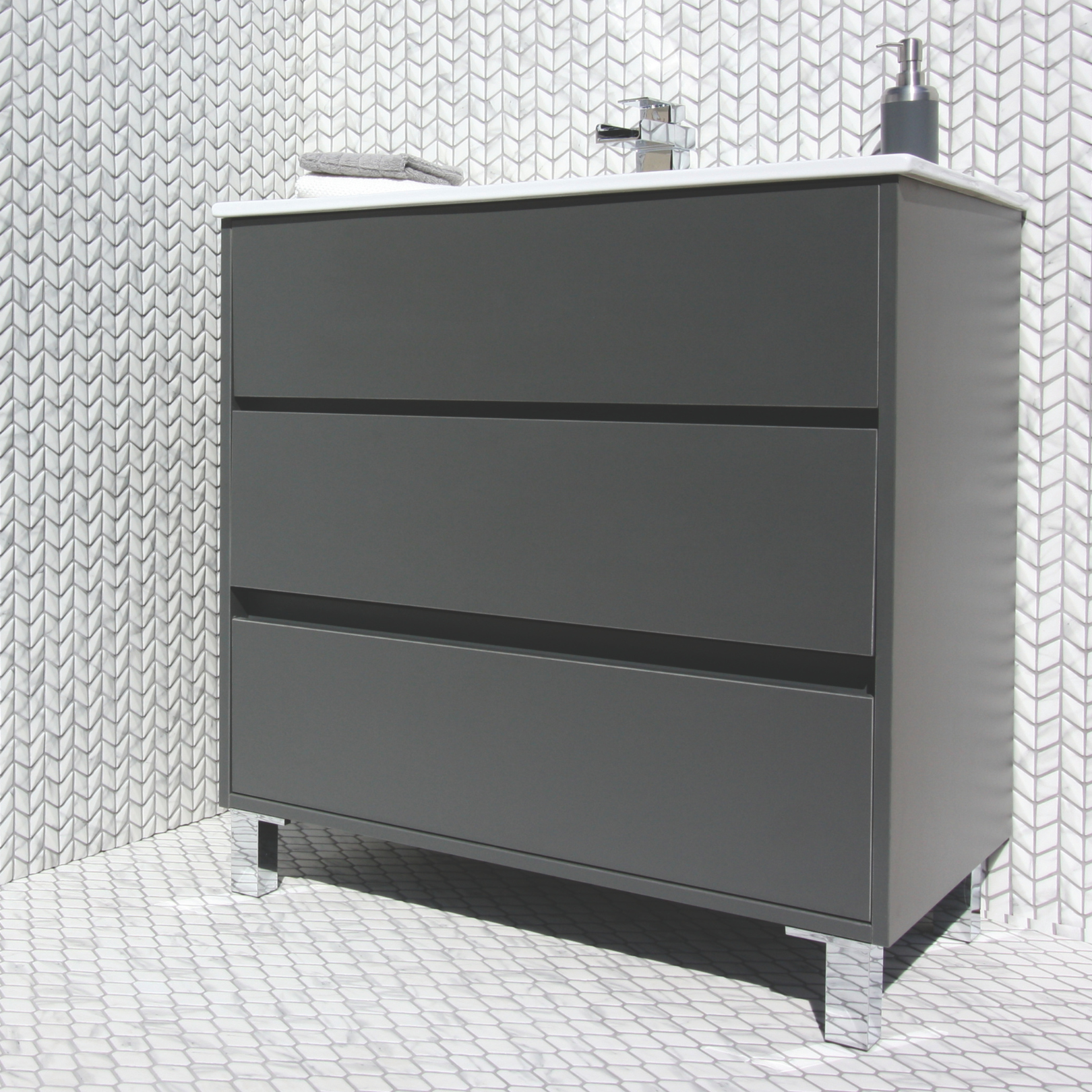 Ritz Carrara Lozenge Mosaic marble tiles styled in a bathroom setting