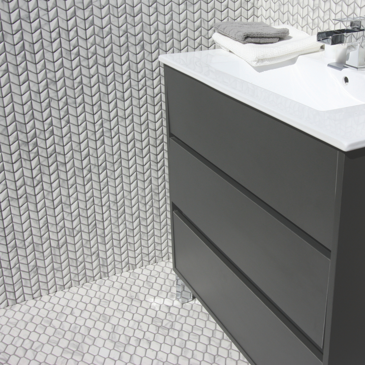 Ritz Carrara Lozenge Mosaic, white marble lozenge mosaic tiles with grey veining