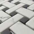 Ritz Carrara Grey basketweave mosaic with white and dark gray marble pattern rectangular tiles in brick layout