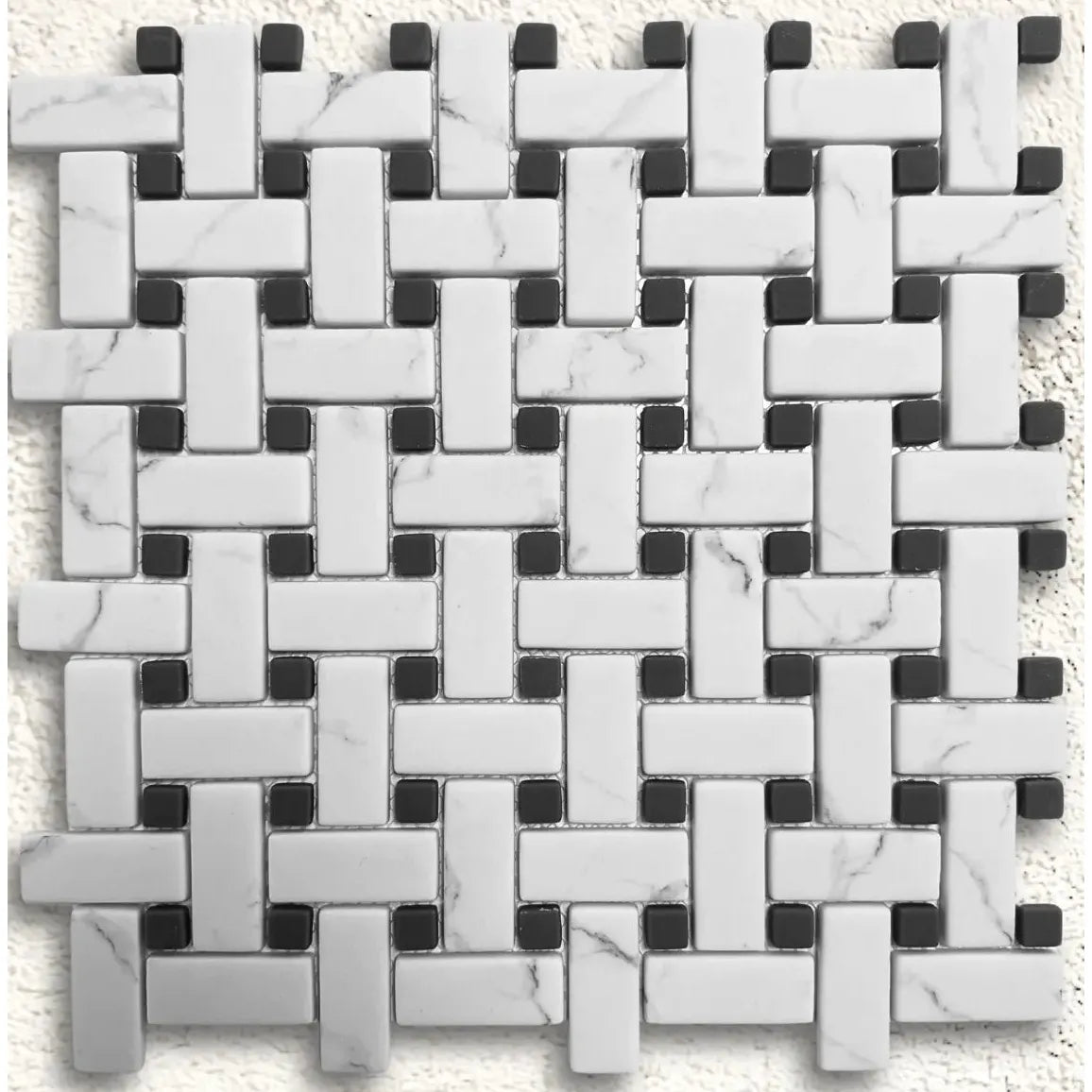 Ritz Carrara Grey Basketweave mosaic with white and dark grey marble tiles in a woven basketweave pattern