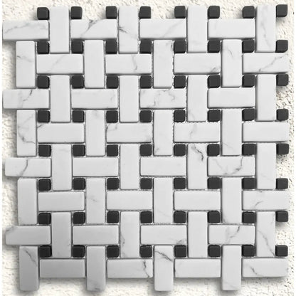 Ritz Carrara Grey Basketweave mosaic with white and dark grey marble tiles in a woven basketweave pattern