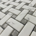Ritz Carrara Grey Marble Basketweave mosaic in white and grey marble with a woven basketweave pattern