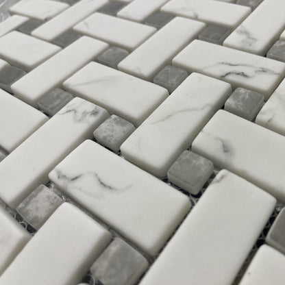 Ritz Carrara Grey Marble Basketweave mosaic in white and grey marble with a woven basketweave pattern