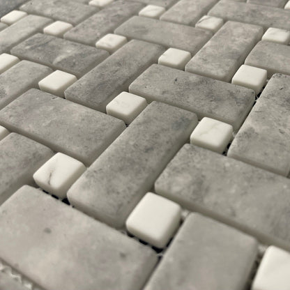 Ritz Grey Marble Carrara basketweave mosaic tile with gray and white marble in a woven pattern