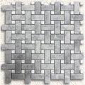 Ritz Grey Marble Carrara basketweave mosaic tile featuring gray marble with small white square accents