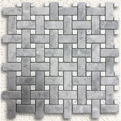 Ritz Grey Marble Carrara basketweave mosaic tile featuring gray marble with small white square accents