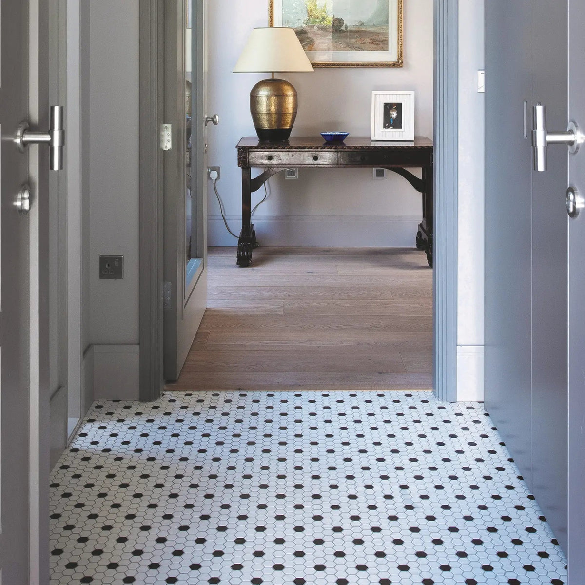 Shapes Hexagon White & Black 26 x 30cm porcelain mosaic room setting
