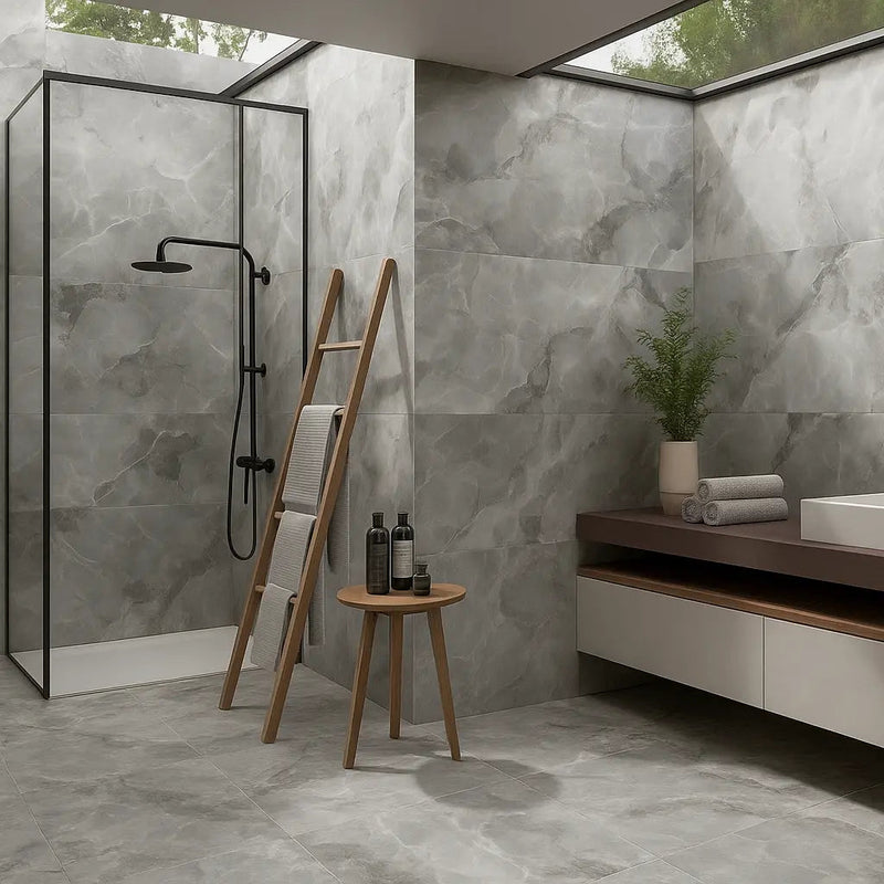Helios Grey Polished 60 x 120cm porcelain marble effect tile room setting