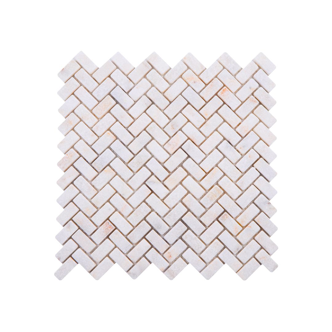 Sheet of Calacatta Sugar tumbled marble herringbone mosaic showing gold and grey veining on white stone