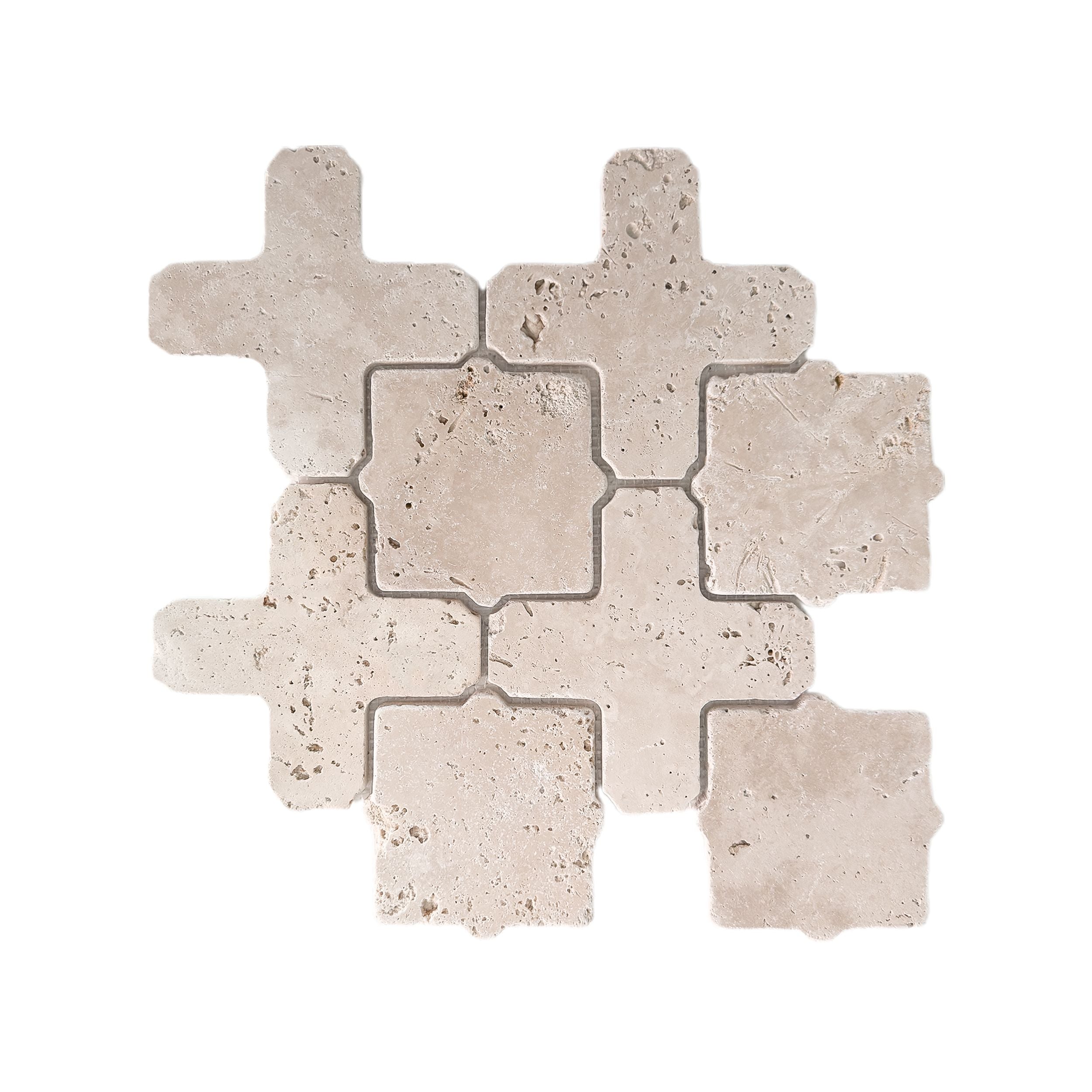 Full mesh-backed sheet of tumbled travertine Casablanca mosaic in cream and beige