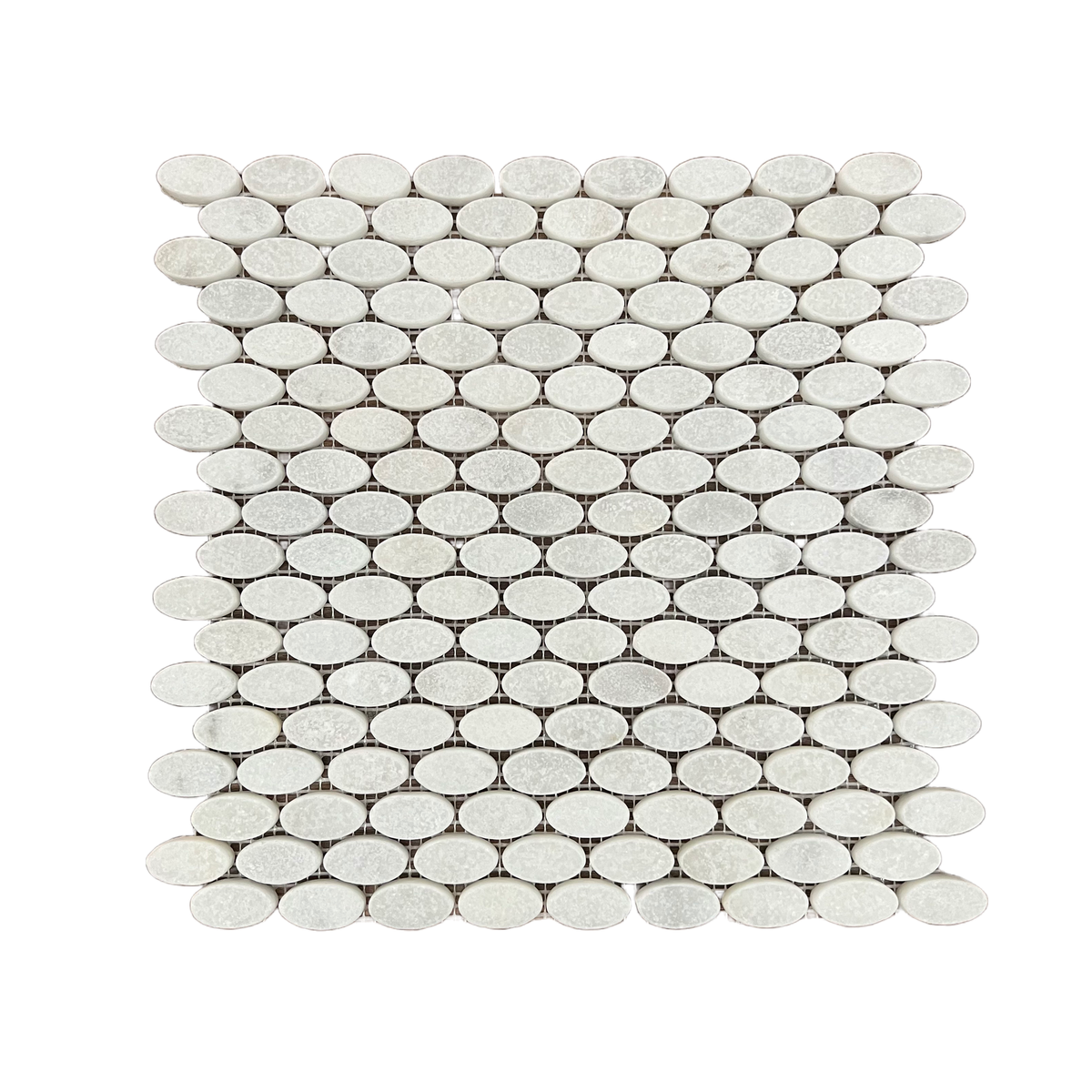 Full mesh-backed sheet of tumbled Carrara white marble ellipse mosaic