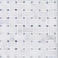Close detail of fine Carrara veining and platinum grey centre squares in the polished basket weave