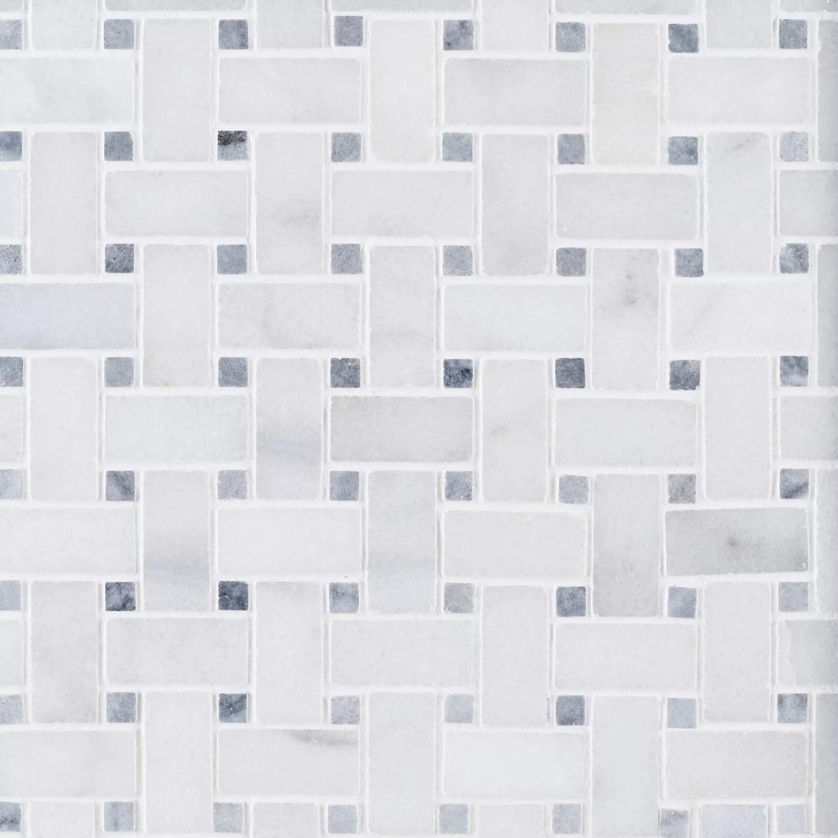Close detail of fine Carrara veining and platinum grey centre squares in the polished basket weave