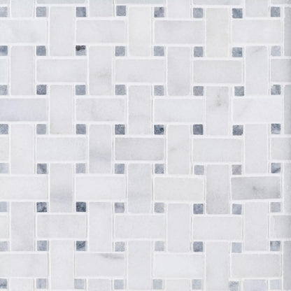 Close detail of fine Carrara veining and platinum grey centre squares in the polished basket weave