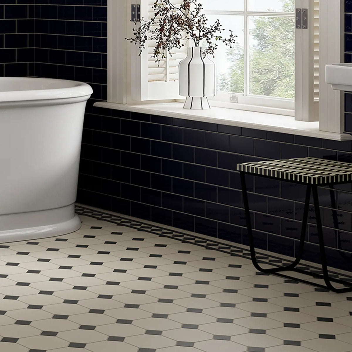 Winckelmans Unglazed White 15 x 15cm Octagon unglazed porcelain tile room setting
