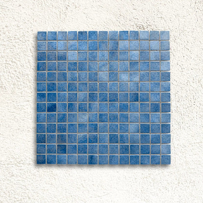 Harmonie Egee 25 x 25mm crystal porcelain mosaic sheet face in Aegean sea blue gloss