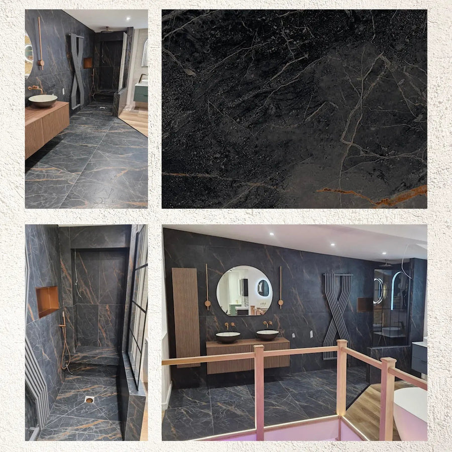 Arena Carbon 60x120cm dark marble-effect porcelain tile interior
