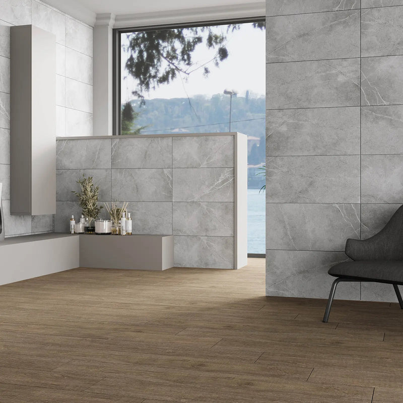 Adria Grey 30x60cm stone effect porcelain tiles in a room setting